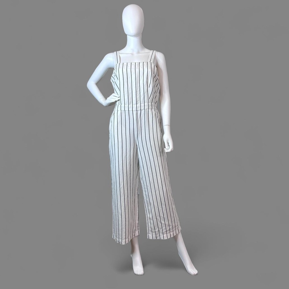 LOFT Striped Linen Blend Wide Leg Jumpsuit Small White Black Coastal